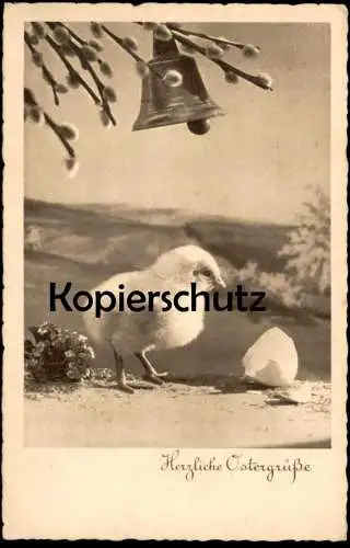 ALTE POSTKARTE HERZLICHE OSTERGRÜSSE KÜKEN GLOCKE Ostern Easter poussin chick Schwarz-Weiss Foto Photo Weidenkätzchen AK