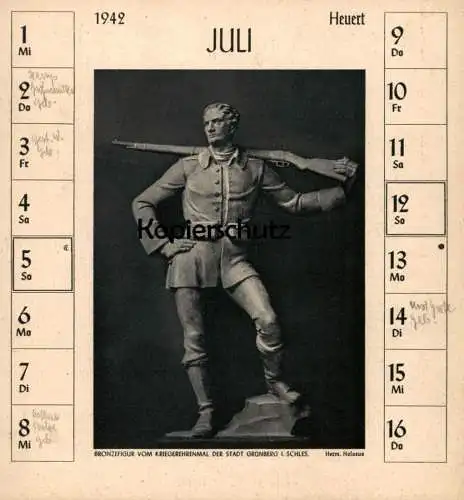 ALTE POSTKARTE BRONZEFIGUR VOM KRIEGEREHRENMAL DER STADT GRÜNBERG IN SCHLESIEN JULI 1942 ZIELONA GORA DEUTSCHE PLASTIK