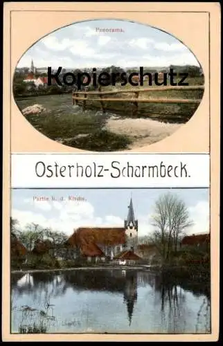 ALTE POSTKARTE OSTERHOLZ-SCHARMBECK PARTIE AN DER KIRCHE PANORAMA Spiegelung im Wasser Ansichtskarte AK cpa postcard