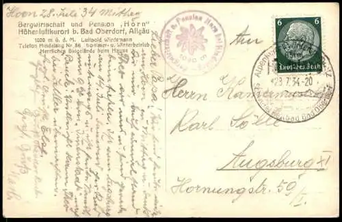 ALTE POSTKARTE BERGWIRTSCHAFT UND PENSION HORN BAD OBERDORF 1934 GEISHORN RAUHORN KUGELHORN AELPELESPITZE AK postcard