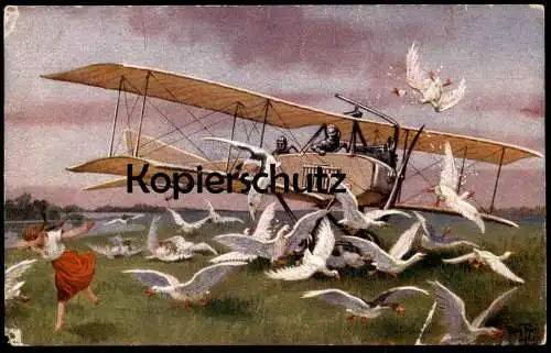 ALTE KÜNSTLER POSTKARTE ARTHUR THIELE FLUGZEUG Luftfahrt Doppeldecker avion airplane Gänse Gans goose AK cpa postcard