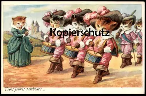 ALTE POSTKARTE KATZEN VERMENSCHLICHT TAMBOURS MARSCH cat cats chat chats Katze Ansichtskarte AK cpa postcard
