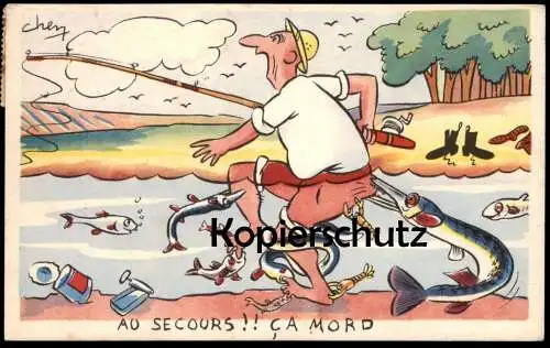 ALTE POSTKARTE AU SECOURS ANGLER FISHERMAN HECHT AAL Fish Fisch Forelle Brochet Pike Trout Ansichtskarte AK cpa postcard