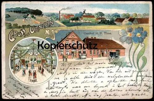 ALTE LITHO POSTKARTE GRUSS AUS UENZEN BRUCHHAUSEN-VILSEN GASTHOF H. H: THIES SAAL PANORAMA WINDMÜHLE Ansichtskarte cpa