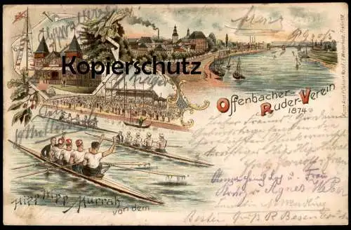 ALTE LITHO POSTKARTE HIPP HIPP HURRAH VON DEM OFFENBACHER RUDER-VEREIN OFFENBACH AM MAIN RUDERER Hessen Ansichtskarte