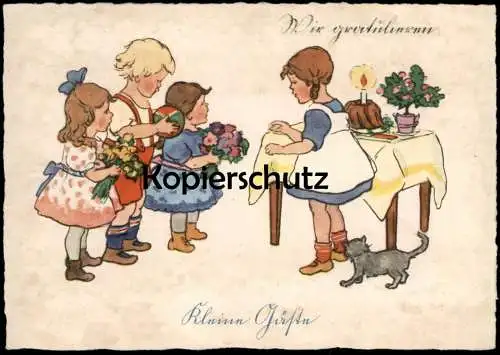 ALTE KÜNSTLER POSTKARTE WIR GRATULIEREN KLEINE GÄSTE KINDER MÄDCHEN KATZE GEBURTSTAG KUCHEN RENATE DRUDE cat chat AK