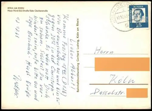 ÄLTERE POSTKARTE KÖLN NEUE NORD-SÜD-STRASSE ECKE CÄCILIENSTRASSE Nord-Süd-Fahrt KVB Strassenbahn VW Käfer Cabrio AK cpa
