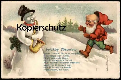 ALTE POSTKARTE SCHNEEMANN SPIELT SAXOPHON ZWERG Saxophone Sax dwarf nain midget snowman bonhomme de neige postcard cpa