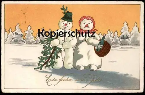 ALTE POSTKARTE SCHNEEMANN UND SCHNEEFRAU EIN FROHES NEUES JAHR WEIN snowman snowwoman bonhomme de neige postcard cpa AK