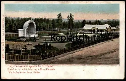 ALTE POSTKARTE RUSSISCH HERBY BAHNHOFSGARTEN HERBACH bei Lublinitz Tschenstochau Russkije Gmina Herby poland polska cpa