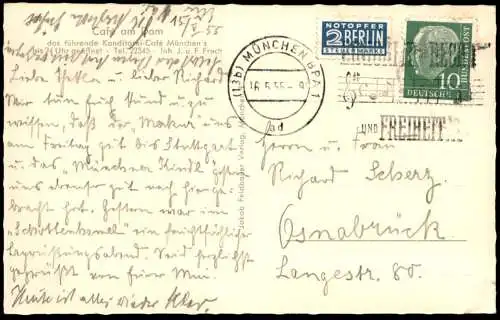 ALTE POSTKARTE MÜNCHEN CAFÉ AM DOM TEILANSICHT 1. STOCK WANDMALEREI EISSORTEN VANILLE ERDBEER NUSS AK postcard cpa