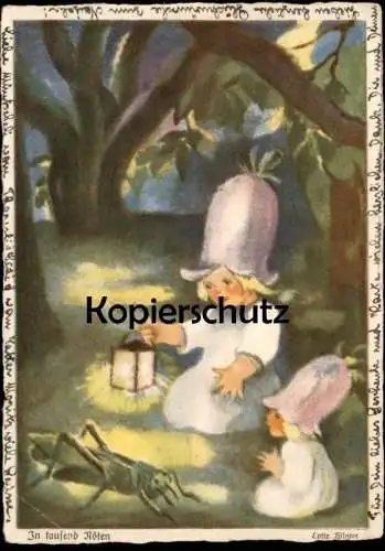 ALTE KÜNSTLER POSTKARTE IN TAUSEND NÖTEN LOTTE WINTER BLUMEN-KINDER ELFE GRASHÜPFER grasshopper Kind Mädchen AK postcard