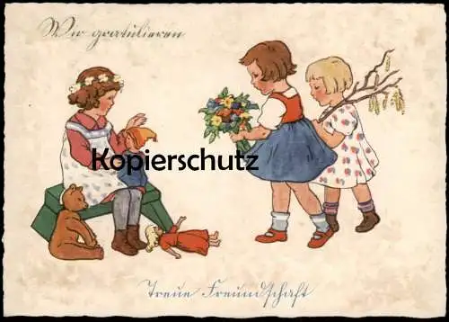 ALTE KÜNSTLER POSTKARTE WIR GRATULIEREN TREUE FREUNDSCHAFT KINDER MÄDCHEN TEDDY BÄR PUPPEN RENATE DRUDE Ansichtskarte AK