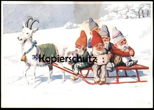 POSTKARTE ZWERGE AUF SCHLITTEN MIT ZIEGE HAUS HÜLSHOFF TECKLENBURG WEIHNACHTEN ZWERG GLOCKE dwarf midget nains nain AK