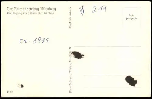 ALTE POSTKARTE NÜRNBERG DER REICHSPARTEITAG DAS FLUGZEUG DES FÜHRERS ÜBER DER BURG LUFTHANSA TANTE JU JUNKERS postcard