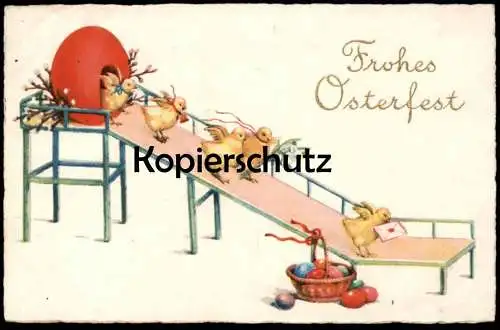 ALTE POSTKARTE FROHES OSTERFEST KÜKEN AUF RUTSCHE EIER BRIEF OSTEREI Ostern Easter poussin chick Ansichtskarte postcard