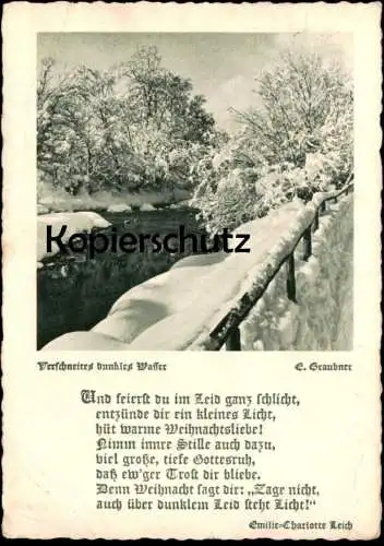 ALTE KÜNSTLER POSTKARTE BÄUME SCHNEE VERSCHNEITES DUNKLES WASSER E. GRAUBNER GEDICHT EMILIE-CHARLOTTE LEICH AK postcar d