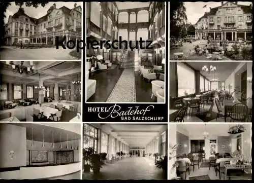 ÄLTERE POSTKARTE HOTEL BADEHOF BAD SALZSCHLIRF AUSSENANSICHT INNENANSICHT INNENARCHITEKTUR Ansichtskarte AK postcard cpa