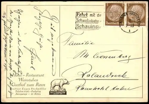 ALTE POSTKARTE FREIBURG BREISGAU 1934 WIRTSSCHILD DES HISTORISCHEN GASTHOFES ZUM BÄREN MIT DER MÜNSTERPYRAMIDE AK cpa