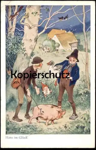 ALTE KÜNSTLER POSTKARTE HANS IM GLÜCK MÄRCHEN FRITZ BAUMGARTEN ZWERG SCHWEIN BRÜDER GRIMM pig fairy tale postcard cpa AK
