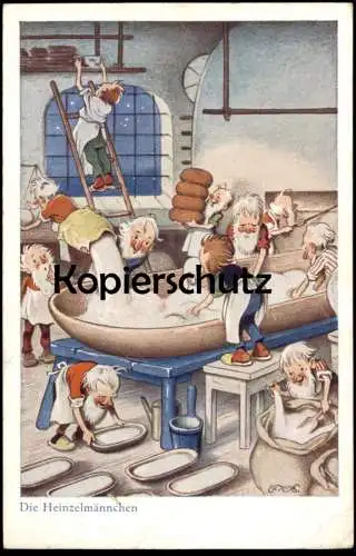 ALTE KÜNSTLER POSTKARTE DIE HEINZELMÄNNCHEN MÄRCHEN FRITZ BAUMGARTEN BACKSTUBE BÄCKEREI bakery fairy tale postcard Köln