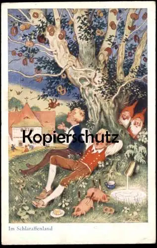 ALTE KÜNSTLER POSTKARTE IM SCHLARAFFENLAND MÄRCHEN FRITZ BAUMGARTEN ZWERG ZWERGE SCHWEINE ÄPFEL dwarf pig fairy tale cpa
