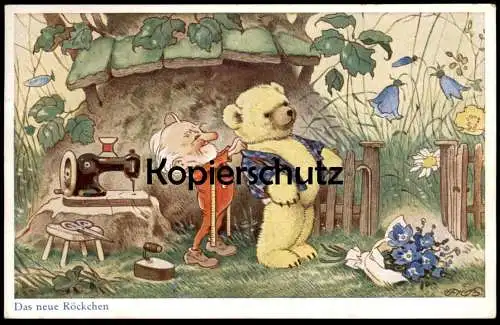 ALTE KÜNSTLER POSTKARTE DAS NEUE RÖCKCHEN MÄRCHEN FRITZ BAUMGARTEN ZWERG SCHNEIDER TEDDY BÄR bear ours fairy tale AK cpa