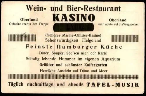 ALTE POSTKARTE HELGOLAND GROSSE TREPPE REKLAME WEIN- UND BIER RESTAURANT KASINO OBERLAND HAMBURGER KÜCHE TAFEL-MUSIK AK