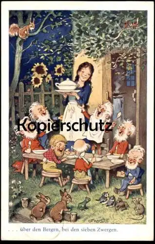 ALTE KÜNSTLER POSTKARTE ÜBER DEN BERGEN, BEI D. SIEBEN ZWERGEN SCHNEEWITCHEN FRITZ BAUMGARTEN ZWERG 7 dwarves fairy tale