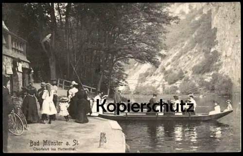 ALTE POSTKARTE BAD MÜNSTER AM STEIN ÜBERFAHRT INS HUTTENTHAL Huttental Boot Anzug Hut Kind Ansichtskarte AK cpa postcard