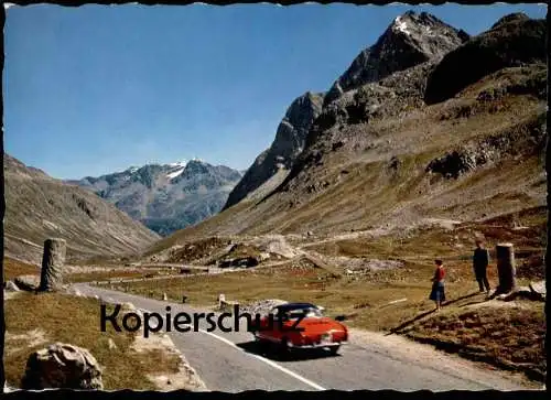 ÄLTERE POSTKARTE JULIER PASSHÖHE MIT DEN BEIDEN RÖMERSÄULEN ROTER KARMANN GHIA VW Ansichtskarte postcard cpa AK