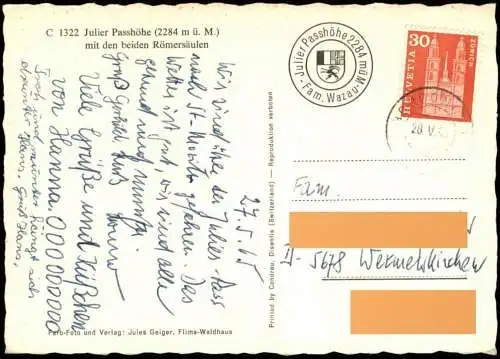 ÄLTERE POSTKARTE JULIER PASSHÖHE MIT DEN BEIDEN RÖMERSÄULEN ROTER KARMANN GHIA VW Ansichtskarte postcard cpa AK