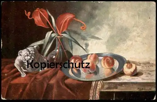 ALTE KÜNSTLER POSTKARTE STILLLEBEN MOPS PFIRSICH BLUME Hund dog chien peach peche Ansichtskarte AK cpa postcard