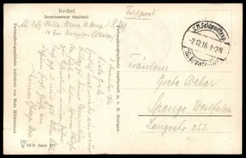 ALTE POSTKARTE RETHEL ZERSCHOSSENDER STADTTEIL 1916 1. WELTKRIEG cpa AK