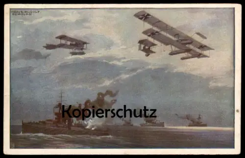ALTE POSTKARTE WASSERFLUGZEUGE ÜBER ENGLISCHER FLOTTE SIGN. HANS RUDOLF SCHULZE