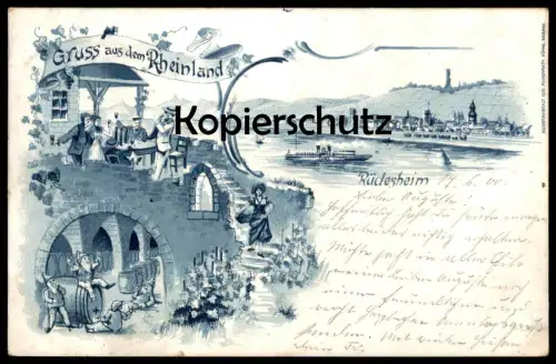 ALTE LITHO POSTKARTE RÜDESHEIM AM RHEIN ZWERG GRUSS AUS DEM RHEINLAND WEINKELLER DAMPFER