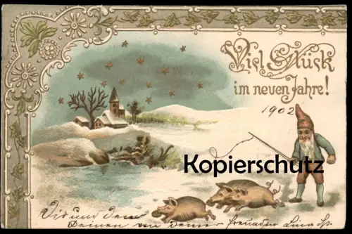 ALTE PRÄGE POSTKARTE NEUJAHR ZWERG dwarf midget nain Schweine Schwein pig pigs