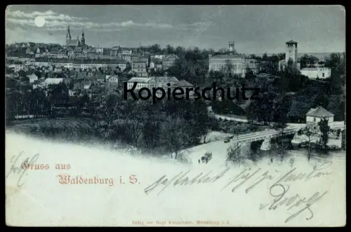 ALTE POSTKARTE GRUSS AUS WALDENBURG IN SACHSEN BEI NACHT MONDSCHEIN