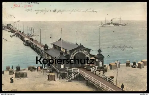 ALTE POSTKARTE BINZ AUF RÜGEN BRÜCKE DAMPFER STRAND Ansichtskarte AK postcard cpa
