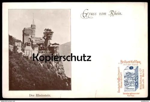 ALTE POSTKARTE GRUSS VOM RHEIN SCHLOSS RHEINSTEIN BRILLANT KAFFEE MIT DER HAND REKLAME Burg chateau