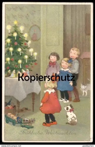 ALTE POSTKARTE KINDER GESCHMÜCKTER WEIHNACHTSBAUM SPIELZEUG FRÖHLICHE WEIHNACHTEN