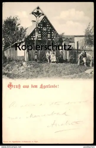 ALTE POSTKARTE GRUSS AUS DEM EGERLANDE CHEB EGER ARCHITEKTUR WEGKREUZ Böhmen