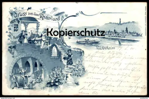 ALTE LITHO POSTKARTE RÜDESHEIM AM RHEIN ZWERG GRUSS AUS DEM RHEINLAND WEINKELLER DAMPFER
