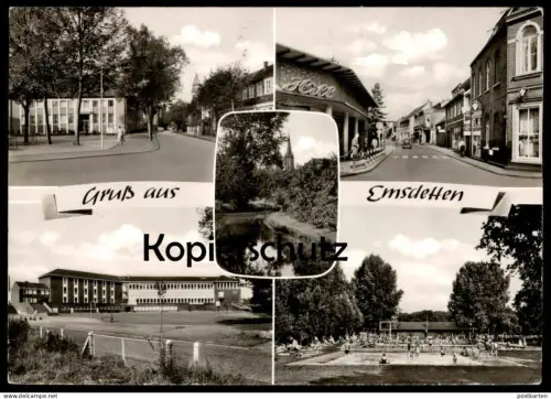 ÄLTERE POSTKARTE GRUSS AUS EMSDETTEN SCHWIMMBAD KIRCHE HILL swimming pool church église postcard cpa AK Ansichtskarte