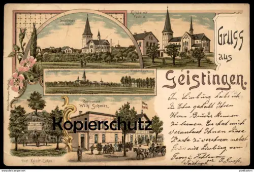 ALTE LITHO POSTKARTE GRUSS AUS GEISTINGEN HENNEF RESTAURANT WILHELM SCHMITZ KRANKENHAUS PASTORAT DREI KAISER EICHE AK
