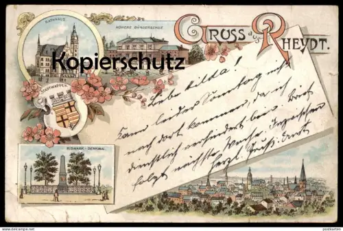 ALTE LITHO-POSTKARTE GRUSS AUS RHEYDT HÖHERE BÜRGERSCHULE BISMARK-DENKMAL Bismarck-Denkmal Mönchengladbach Ansichtskarte