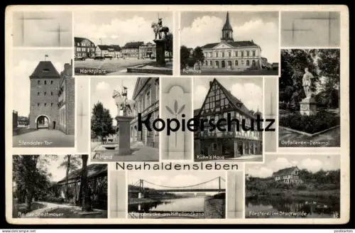 ALTE POSTKARTE NEUHALDENSLEBEN MARKTPLATZ FÖRSTEREI FLORABRÜCKE STENDALER TOR ROLAND GEFALLENEN-DENKMAL Haldensleben AK