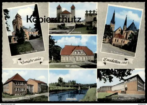 ÄLTERE POSTKARTE GRÜSSE AUS EMSDETTEN HOF DEITMAR PROGYMNASIUM REALSCHULE KIRCHE Schule school church postcard cpa AK