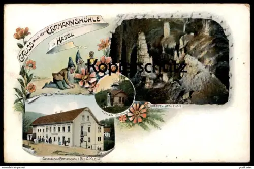 ALTE LITHO-POSTKARTE GRUSS AUS DER ERDMANNSHÖHLE IN HASEL ZWERG ZWERGE HÖHLE Krippe Crib dwarf midget nain grotte cave