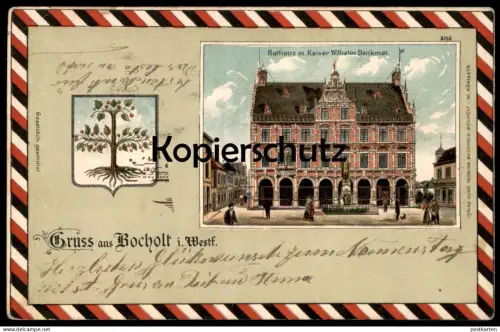 ALTE LITHO POSTKARTE GRUSS AUS BOCHOLT RATHAUS M. KAISER-WILHELM-DENKMAL Wappen Baum Tree Arbre Coat of arms Blason cpa